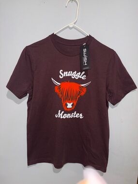 Unisex swish Maroon Tee with Orange Highland Cow Graphic